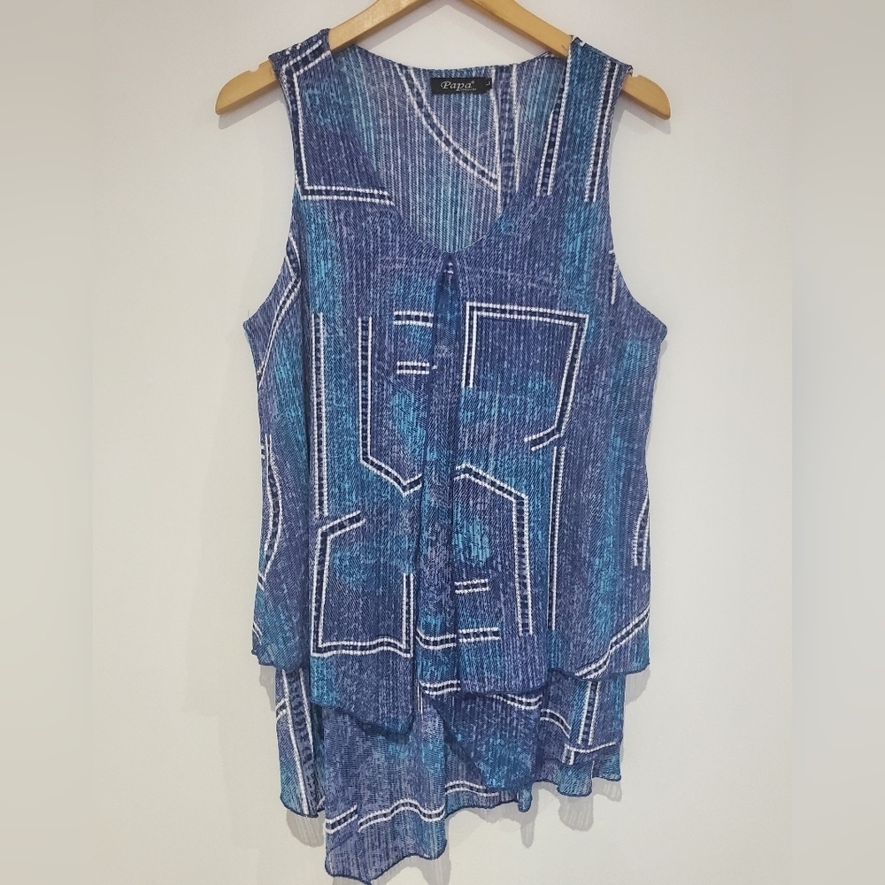 Papa Vancouver Boho flowy blue geometric layered tunic tank top size L